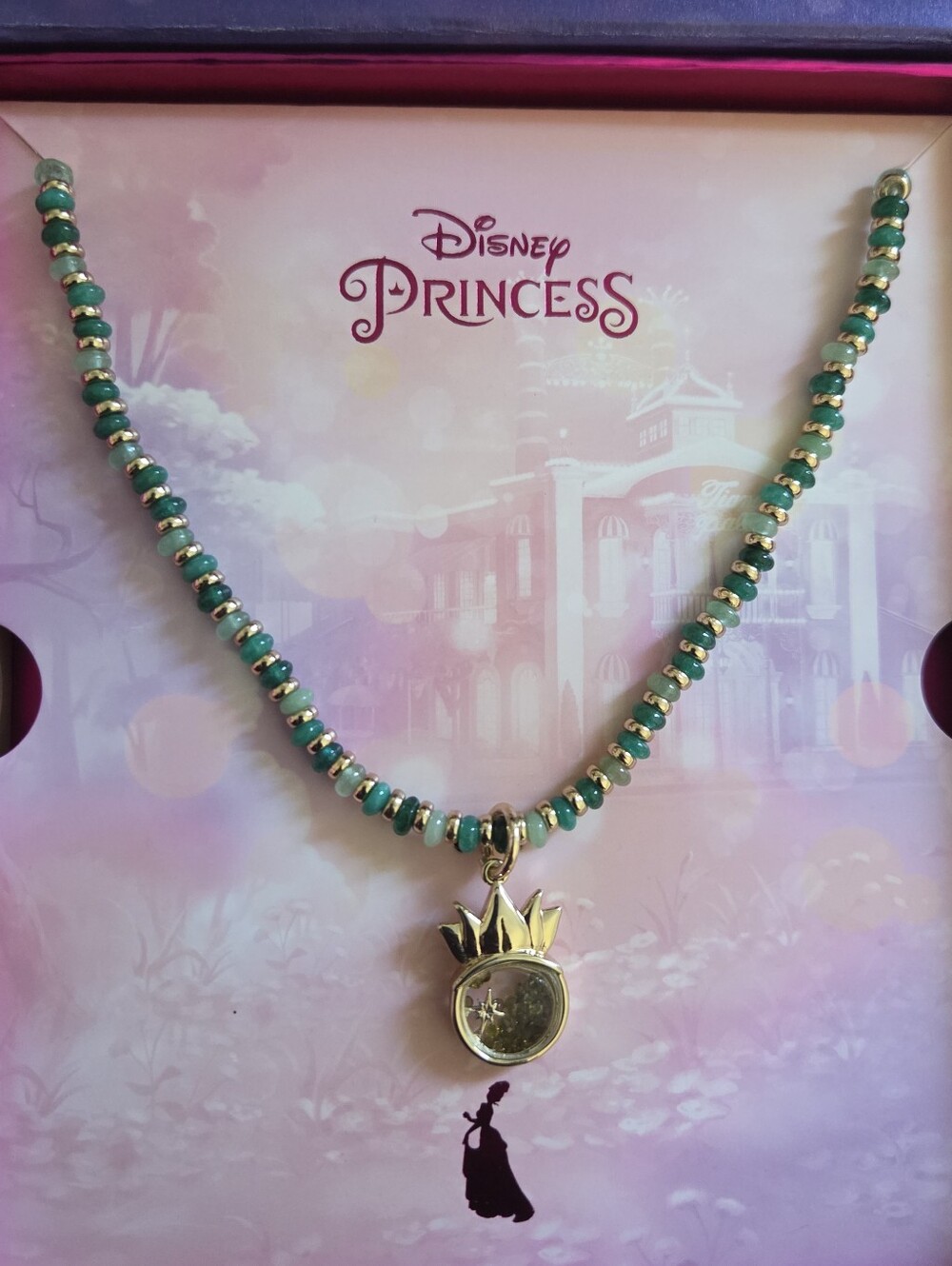 Kid's Princess Tiana Gold-Tone and Green Bead Tiara Pendant Necklace